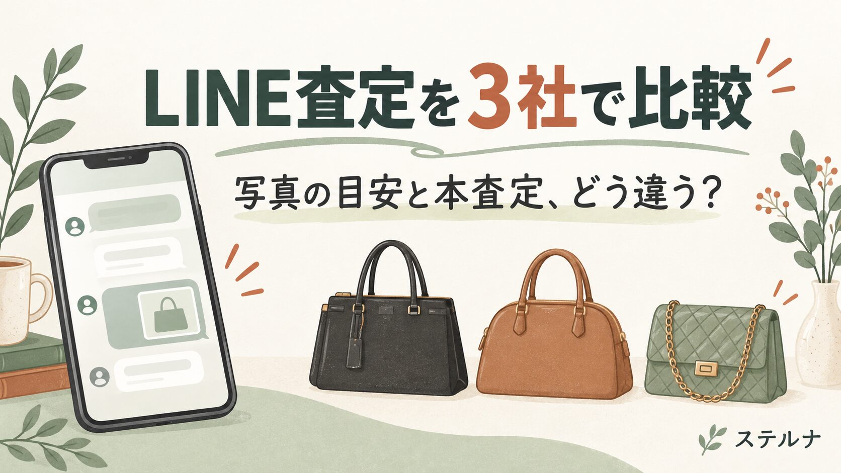 LINE査定を3社でやってみた！バッグの本査定との違いを画像で比較（イメージイラスト）